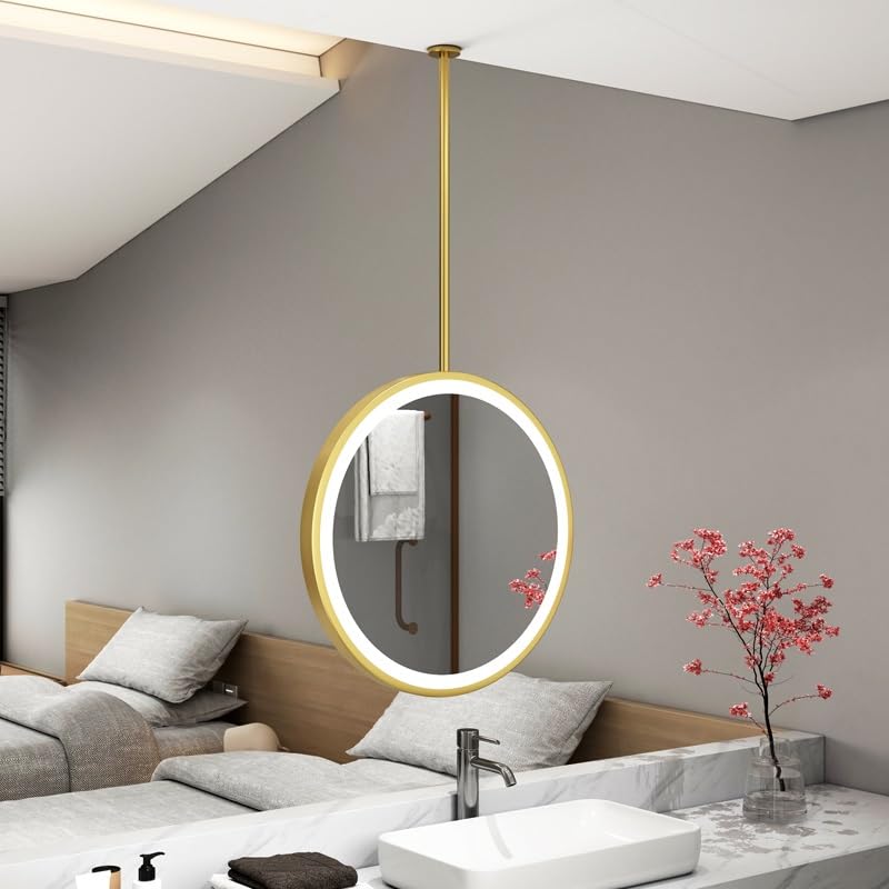 Espejo Colgante Redondo Espejo de baño Iluminado LED con botón táctil, Espejo de Marco de Metal Dorado Espejo de Techo 3 Colores Regulables para Dormitorio y Sala de Estar(Diameter-50CM/19.7INCH)