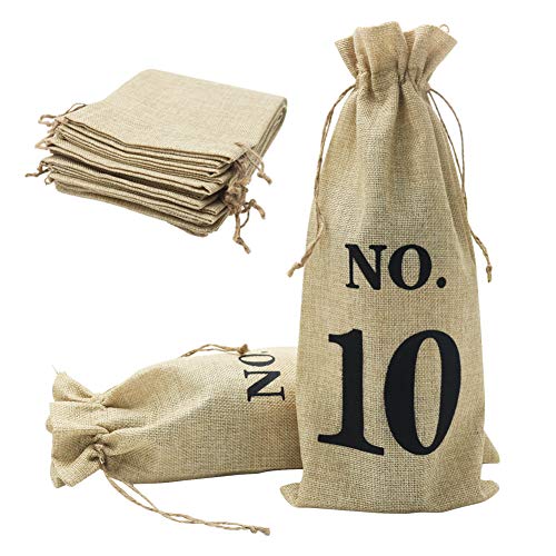 Shintop 10pcs Jute Wine Bags, 14 x 6 1/4 inches Hessian Wine Bottle Gift Bags with Drawstring for Blind Wine Tasting (Numbered, Brown)