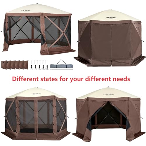 VEVOR Pop Up Gazebo Tent, Pop-Up Screen Tent 6 Sided Canopy Sun Shelter with 6 Removable Privacy Wind Cloths & Mesh Windows, 11.5x11.5FT Quick Set Screen Tent with Mosquito Netting, Brown - Image 9