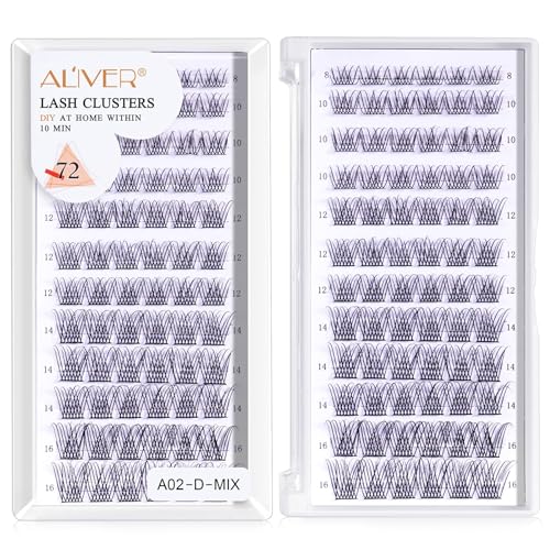 Pestañas Individuales - Racimo de Pestañas Kit de Extensión de Pestañas Postizas 8-10-12-14-16mm Longitud Mixta 72PCS D Curl Wispy Clusters Lashes Extension Natural Look DIY at Home