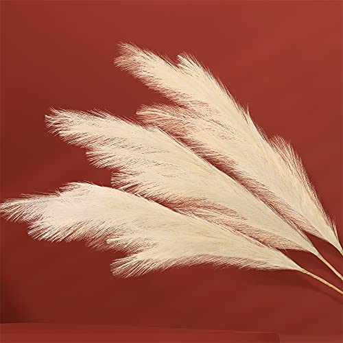 Pampas Grass, MCHEETA 3 Stems Faux Pampas Grass Decor Tall, 43"/110cm Pompous Grass Large, Artificial Pompass Grass Plants Branches for Floor Vase/Home/Kitchen/Boho Living Room Decor (Beige)
