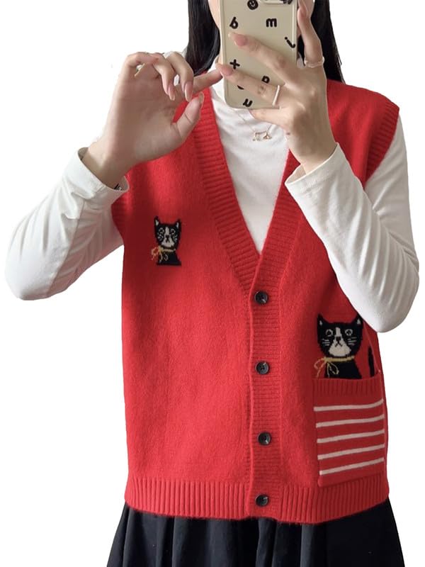 Image of CORIRESHA Girl Cute Cat Rabbit Embroidered Sweater Vest Button Sleeveless Knit Cardigan