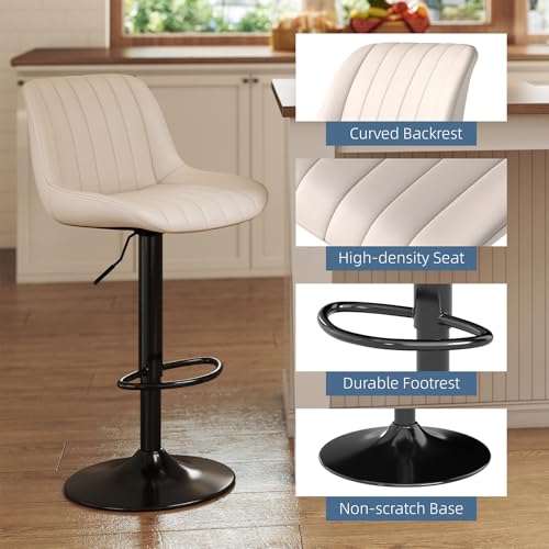 Image of Youhauchair Adjustable Faux Leather Bar Stools Set of 1, Beige | Swivel, Counter Height, Back & Footrest, Armless, PU, Modern, Kitchen Island Stool, Upholstered Dining Room Chair