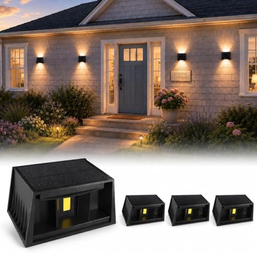 T-SUN 4 Piezas Aplique Solar de Pared Exterior 3000K Moderno Cuadrado Negro IP65 Impermeable Ajustable Arriba Abajo para Jardín Valla Garaje Escalera Puerta Delantera Patio
