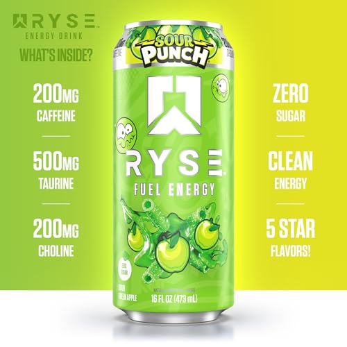 Image of RYSE Fuel Energy Drink - Sour Punch Green Apple - Sugar Free, Gluten Free & Vegan - 200mg Natural Caffeine, Taurine & Choline for Focus & Energy - No Artificial Colors - 16 fl oz Cans (12-Pack)