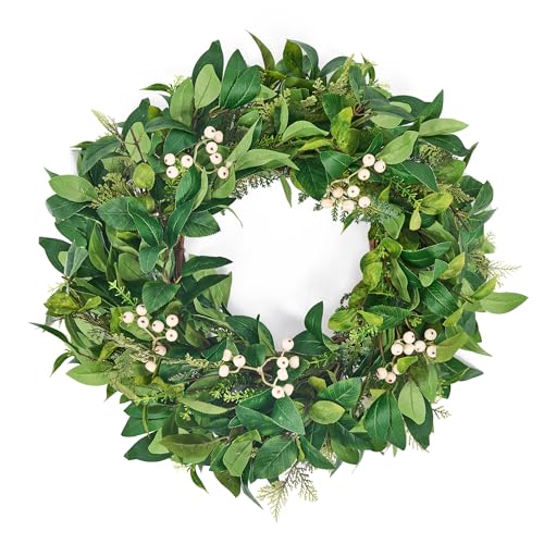 GENMOUS 24 Inch Summer Fall Wreaths for Front Door, Green Cypress Leaves Wreath with Cedar Laurel White Berries, All Season Indoor Outdoor Wedding Holiday Christmas Home Wall Door Porch Decor