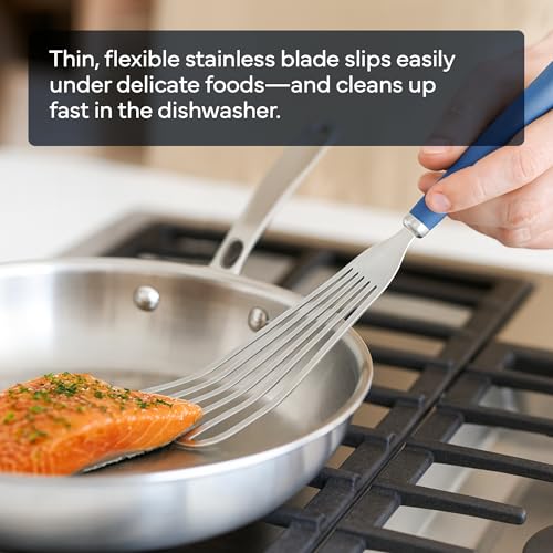 Image of Misen Fish Stainless Steel Spatula - Slotted Turner for Cooking - Perfect for Frying - Heat Resistant - Dishwasher Safe -1mm Thick Flexible Flipper - Soft Silicone Grip Handle for Easy Use