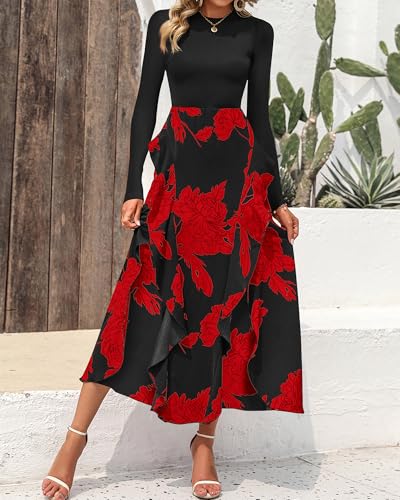 Image of BTFBM Womens Floral Maxi Dress Fall 2025 Casual Crewneck Long Sleeve Ruffle Flowy Cocktail Wedding Guest Dresses