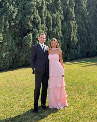 Strapless Bridesmaid Dresses for Womens 2025 Tiered Chiffon Maxi Prom Formal Evening Party Dress with Scarf3