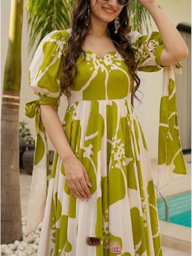 Image of Modestouze Attires Women's Floral Pattern Rayon Blend Maxi Dress with Sweetheart Neck Half Puff Sleeve Floor Length and Zipper Closure Type | Maxi Dress for Women Stylish | Dress for Women