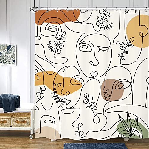 Riyidecor Abstract Human Face Terracotta Shower Curtain 60Wx72H Inch Eucalyptus Minimalist Plant Modern Mid Century Aesthetic Portrait 12 Pack Plastic Hooks Fabric Waterproof Home Bathtub Decor