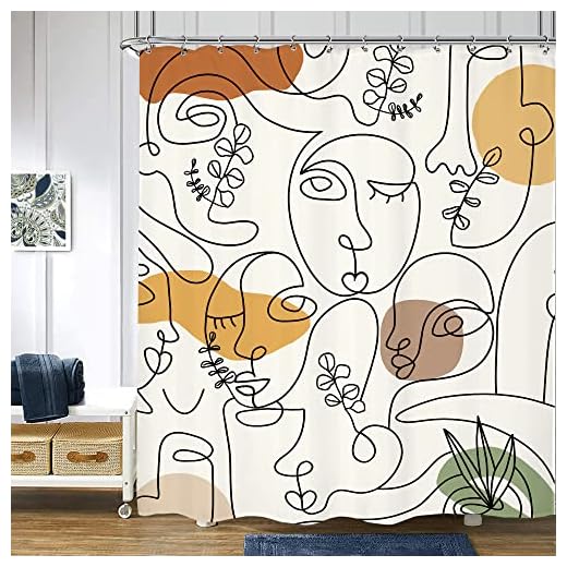 Riyidecor Abstract Human Face Terracotta Shower Curtain 60Wx72H Inch Eucalyptus Minimalist Plant Modern Mid Century Aesthetic Portrait 12 Pack Plastic Hooks Fabric Waterproof Home Bathtub Decor