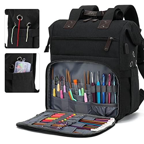 crochet backpackknitting bag backpack yarn storage organizer travel crochet bag with usb charging portyarn tote bag yarn holder case for knitting needles crochet hookscrochet accessoriesblack