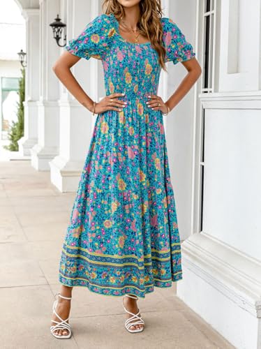 Image of ZESICA Women's 2026 Summer Boho Floral Print Dress Square Neck Ruffle Swing Beach Vacation Long Maxi Dresses