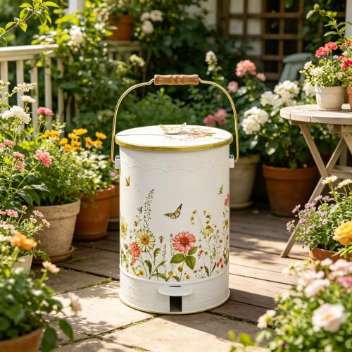 Image of White Floral Metal Step Trash Can with Lid, 8L Vintage Butterfly & Wildflower Decorative Waste Basket with Handles for Bathroom, Bedroom, Kitchen, 14.57 inch x 9.84 inch