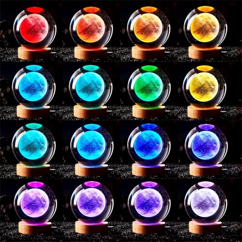 Image of 3D Crystal Ball Lamp with 16 Colors Changing LED Wooden Base - Solar System Night Light, Galaxy Lamps, Galaxy Crystal Ball Light with USB (16 Color Moon)