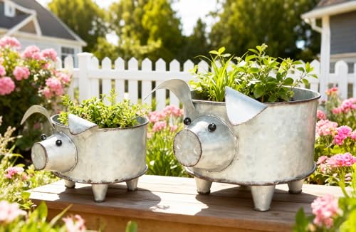 ShabbyDecor Galvanized Metal Pig Succulent Planter Farmhouse Pig Shaped Bowl Metal Pig Tray Rustic Decor Set of 2 by ShabbyDecor - Image 5