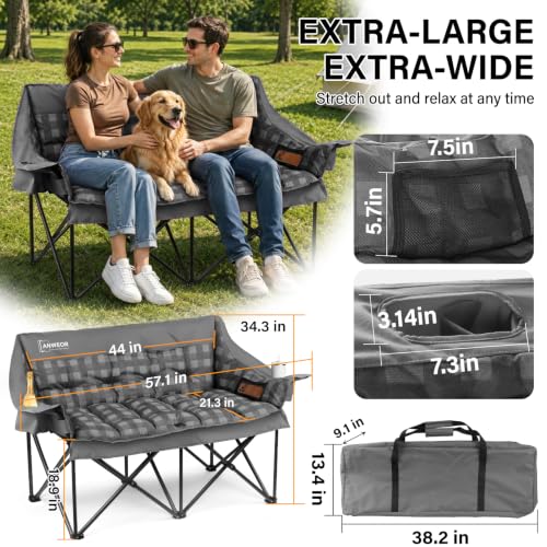 Silla doble de camping para adultos, silla loveseat acolchada resistente, gris miniatura 2