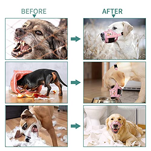 HEELE Hund Maulkorb, Maulkörb für Hunde, Weiche Nylon Drucken Maulkorb Air Mesh Atmungsaktiv Einstellbar Schleife Muster Haustiere Maulkörbe für Kleine Mittlere Große Hunde, Pinke Blume, S
