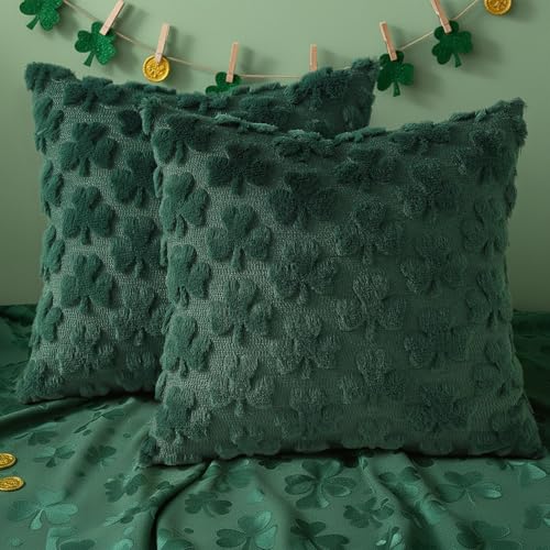 Image of decorUhome St. Patrick's Day Shamrock Green Pillow Covers 20x20 Inch Set of 2, Soft Plush Faux Wool Throw Pillow Covers, Farmhouse Spring Holiday Decor for Sofa Living Room