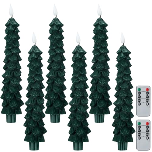 Image of Funtery 6 Pcs LED Christmas Tree Flameless Taper Candles Real Wax Battery Operated Candlestick Lights with 3D Flame and Remote Timer Window Fireplace(Green,Christmas Tree)