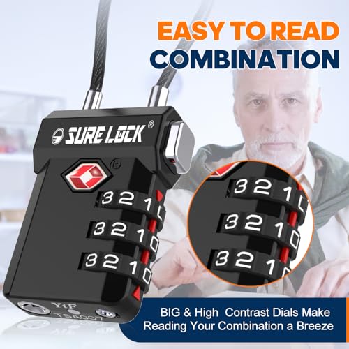 SURE LOCK TSA Approved 3-Digit Combination Luggage Locks – Open Alert Indicator, Re-settable Code with Zinc Alloy Body, Easy-Read Dials for Suitcase, Backpack, Gym Locker & Toolbox(Black 2 Pack) - Image 3