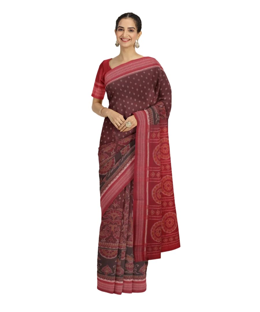 Women Sambalpuri handloom pure Cotton Saree Ikat Pattern with Floral Motifs and Contrast Border-image-8