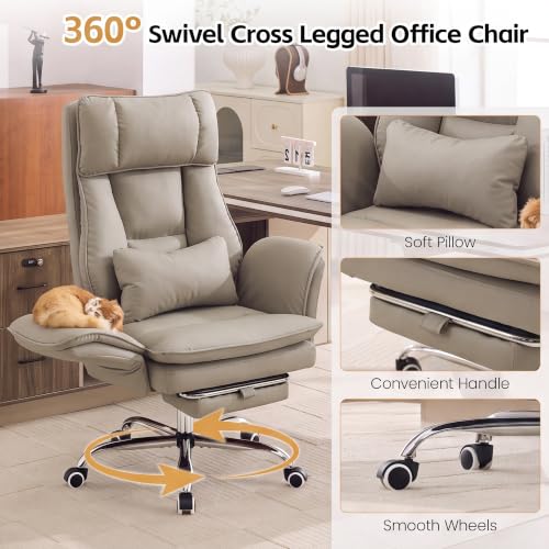 Image of Big and Tall Office Chair, Flip Armrest & Footrest for Pets, PU Khaki