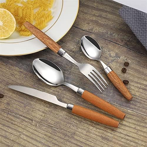 Japanese Flatware Set - Stainless Steel Cutlery with Wood Handles - Knife, Fork & Spoon - Mixed Western Dinnerware for Camping, Travel, & Picnic - Elegant Tableware