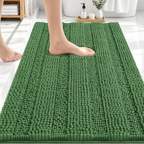 Image of OLANLY Thick Bathroom Rugs 30x20, Extra Soft Absorbent Chenille Striped Bath Rugs, Rubber Backing, Machine Wash Dry, Bath Mats for Bathroom Floor, Tub and Shower, Home Decor Accessories, Olive Green