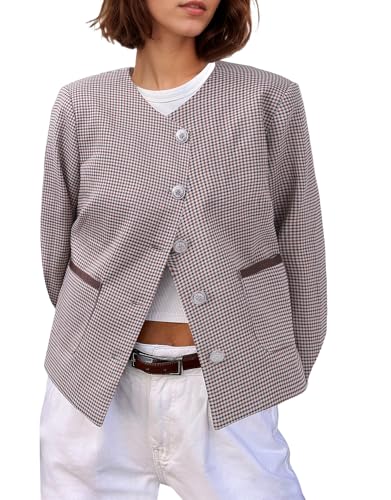 Kedera Women's Houndstooth Tweed Jacket Long Sleeve Work Suit Jackets Business Casual Cropped Blazers Short Coat