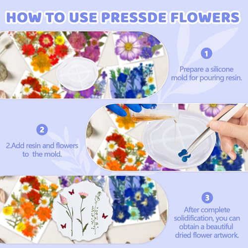 Image of 207 Pcs Dried Pressed Flowers for Crafts, Dried Pressed Flowers for Resin, Bulk Natural Dried Flowers Kit with Butterfly Stickers&Tweezers for DlY Resin Molds, Candles, Soap,Jewelry Making, Art Crafts