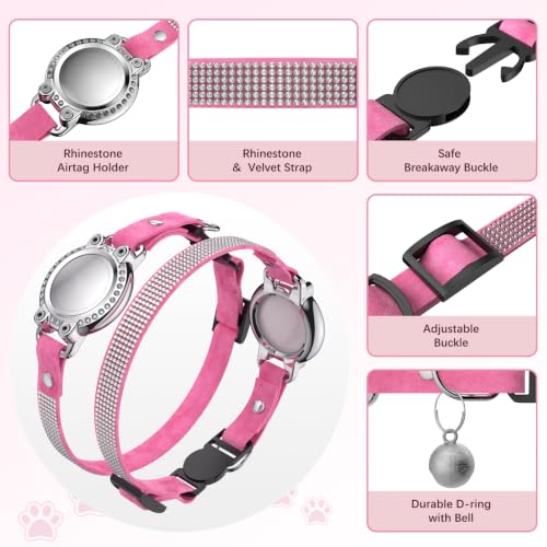 Image of AirTag Cat Collar Breakaway, Rhinestone Collars with Air Tag Holder, Pink