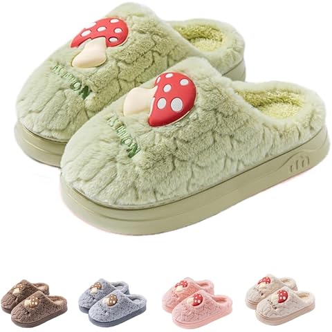 KIJISU Cute Slippers for Bedroom Mushroom Soft Warm Slip-on Slippers, Cozy Indoor Outdoor Home Slippers (7.5-8.5Women/6-7 Men,green,7.5,Women,8.5,Men,Medium,6,7) Cover