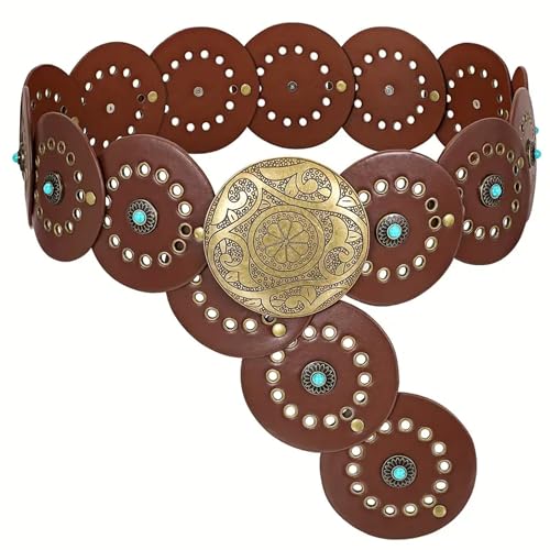 XuoAz Ceintures occidentales à large disque pour femme – Ceinture de cowgirl cowboy Concho Boho Country Ceinture épaisse avec turquoise, Disque marron avec...
