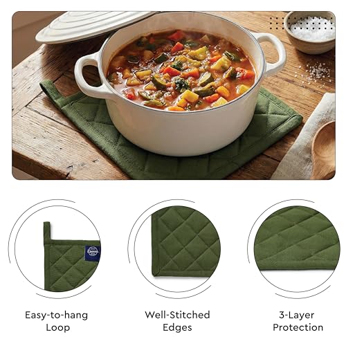 Image of Encasa XO Heat Resistant 100% Cotton Oven Glove & Potholder Set with Loop, Kitchen Cooking Mittens, Microwave Safe Hot Pads (Leaf Green)