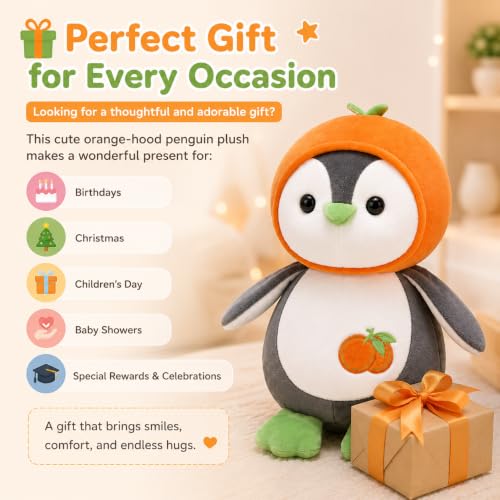 Image of Cute Penguin Plush Toy with Orange Hoodie | 28cm Soft Velvet Stuffed Animal for Kids | Premium Washable Penguin Teddy Bear, Huggable Plushie Birthday Gift for Toddlers, Boys & Girls