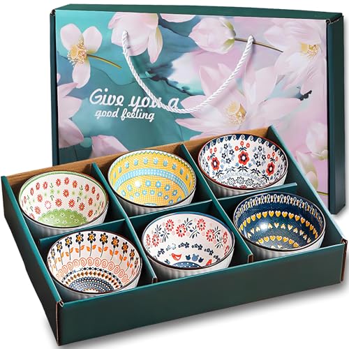 iDourer Rice Bowls 10oz, Japanese Style Bowls Set of 6 with Gift Box - Ceramic Bowls for Soup, Dessert, Ice Cream, Snack - Kitchen Gifts for Women Christmas Gift