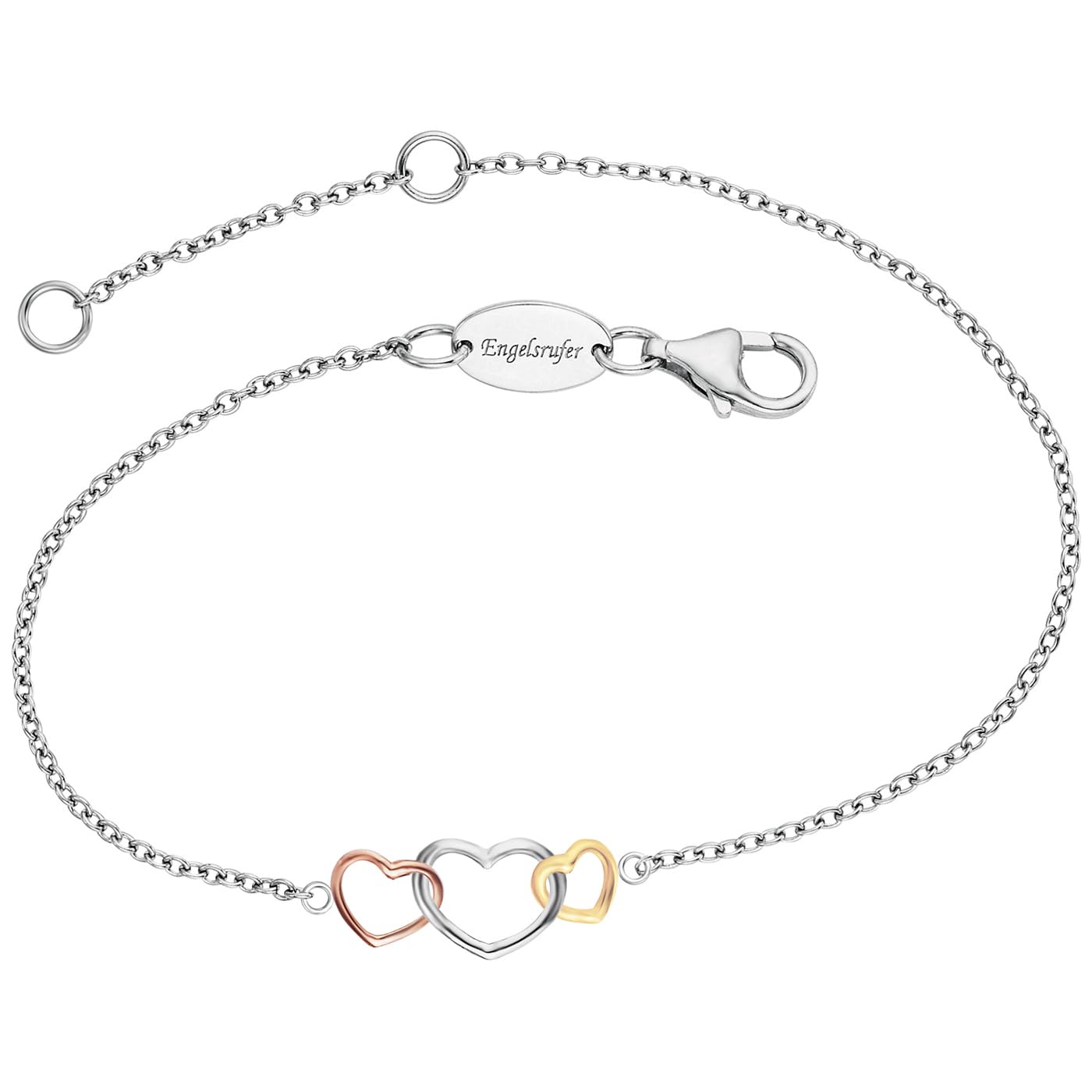 Engelsrufer Angel Whisperer With Love ERB-WITHLOVE-03 Rhodium Plated 925 Sterling Silver Bracelet with 3 Different Coloured Hearts and Lobster Clasp, Adjustable Length 17 + 2 cm
