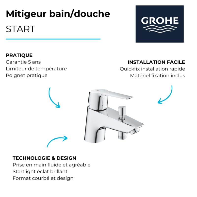 Mitigeur bain douche GROHE Quickfix évite le calcaire avec sa microfibre