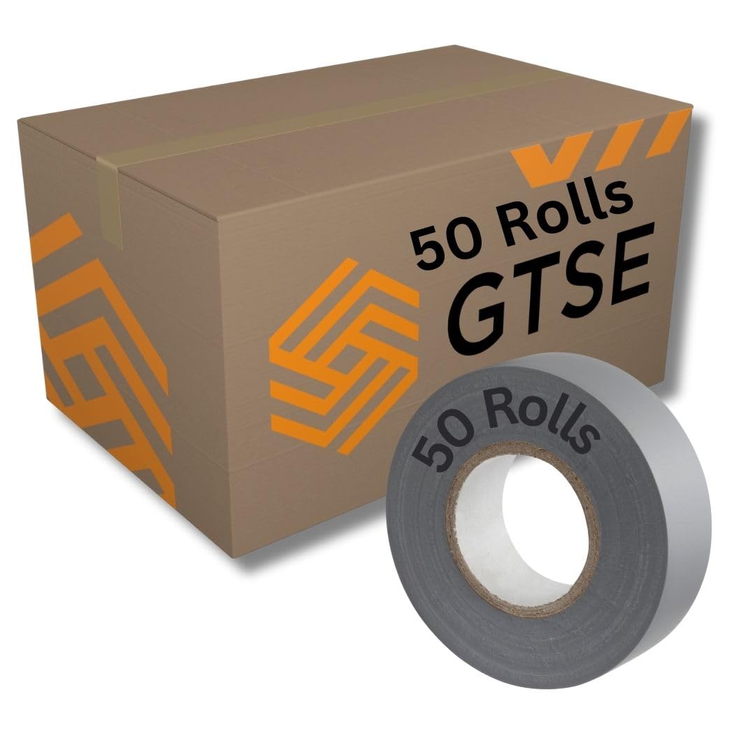 GTSE Grey Electrical Tape, 19mm x 20m, Bulk Box of 50 Rolls, Strong Self-Adhesive PVC Insulation Tape for Insulating, Repairing and Protecting Electrical