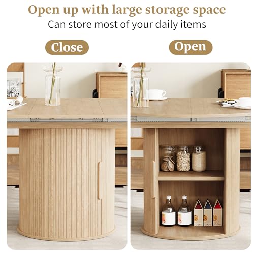 Image of weselon 43 inch-59 inch Extendable Round to Oval Dining Table with Hidden Storage, Modern Wooden Kitchen Table with Fluted Sliding Door Cabinet, Expandable Dinner Table for Dining Room Living Room (Natural)