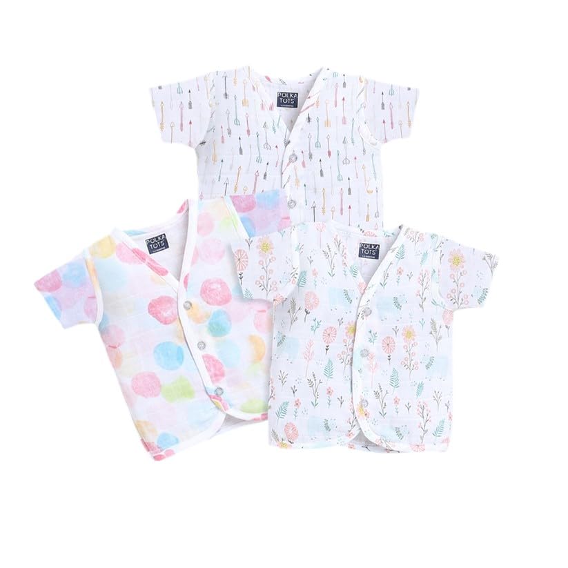 Image of Polka Tots Baby Boys & Girls Cotton Muslin Jabla Vest - Half Sleeve, Front Open, Soft & Breathable Daily Wear, Pack of 3 (Newborn)