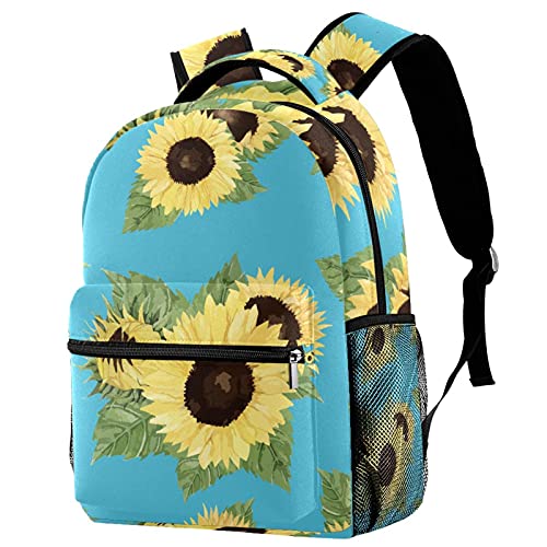 Sac à dos de voyage campus bleu motif tournesol avec poches gourde pour fille et garçon