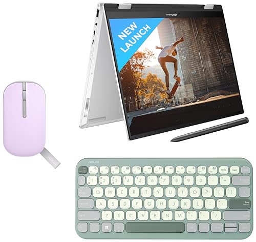 Image of ASUS Zenbook 14 Flip OLED (2023), Intel Core EVO i7-1360P 13th Gen, 14 inch (35.56 cm) 2.8K 90Hz OLED, (16GB RAM & 1TB SSD), UP3404VA-KN753WS + MD100 Mouse (Purple) + KW100 Keyboard (Green)