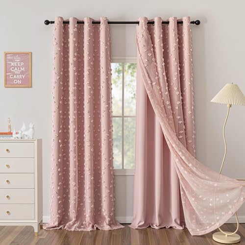 Image of MYSKY HOME Pink Curtains for Bedroom 95 Inches Long Living Room Curtain with Pink Pom Pom Sheer for Dining Room Grommet Double Layer Nursery Curtain Drapes Room Darkening Window Panels 52 Wide