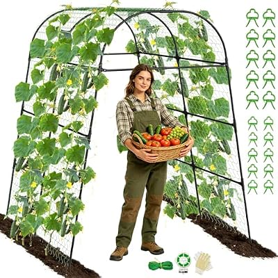 7.2FT Garden Trellis Arch for Raised Garden Beds, Heavy Duty Metal Trellis for Cucumbers, Pumpkins, Beans & Climbing Plants, Walk Through Vegetable Garden Arch with Netting