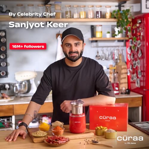 Image of Curaa AroMix Electric Spice Grinder by Chef Sanjyot Keer | 300W Copper Motor | Dry Spice, Coffee Bean & Herb Grinder | 2-Leaf Stainless Steel Blade | Detachable SS Jar | 300ml | 1 Year Warranty