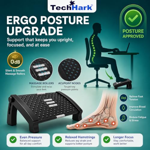 Image of TechHark Adjustable Footrest with Massage Surface, Ergonomic Under Desk Foot Rest for Office and Home, Height Adjustable, Black (6-Month Warranty)