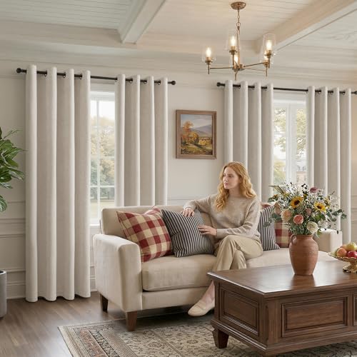 Image of 100% Blackout Curtains for Bedroom, Luxury Chenille Thermal Insulated Drapes for Living Room, Energy Saving Room Darkening 90 Inch Long Curtains, Grommet Top, 2 Panels, 52 inch W x 90 inch L, Beige
